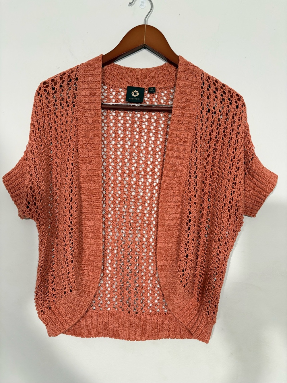 Open-Knit Short Sleeve Cardigan Sweater - Coral